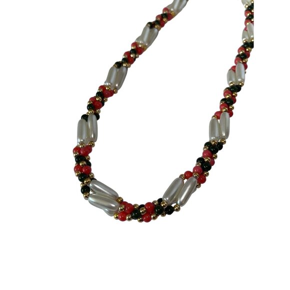 Vtg Retro Handmade Twisted Orange Black Gold Faux Pearl 17" Necklace - Picture 2 of 5